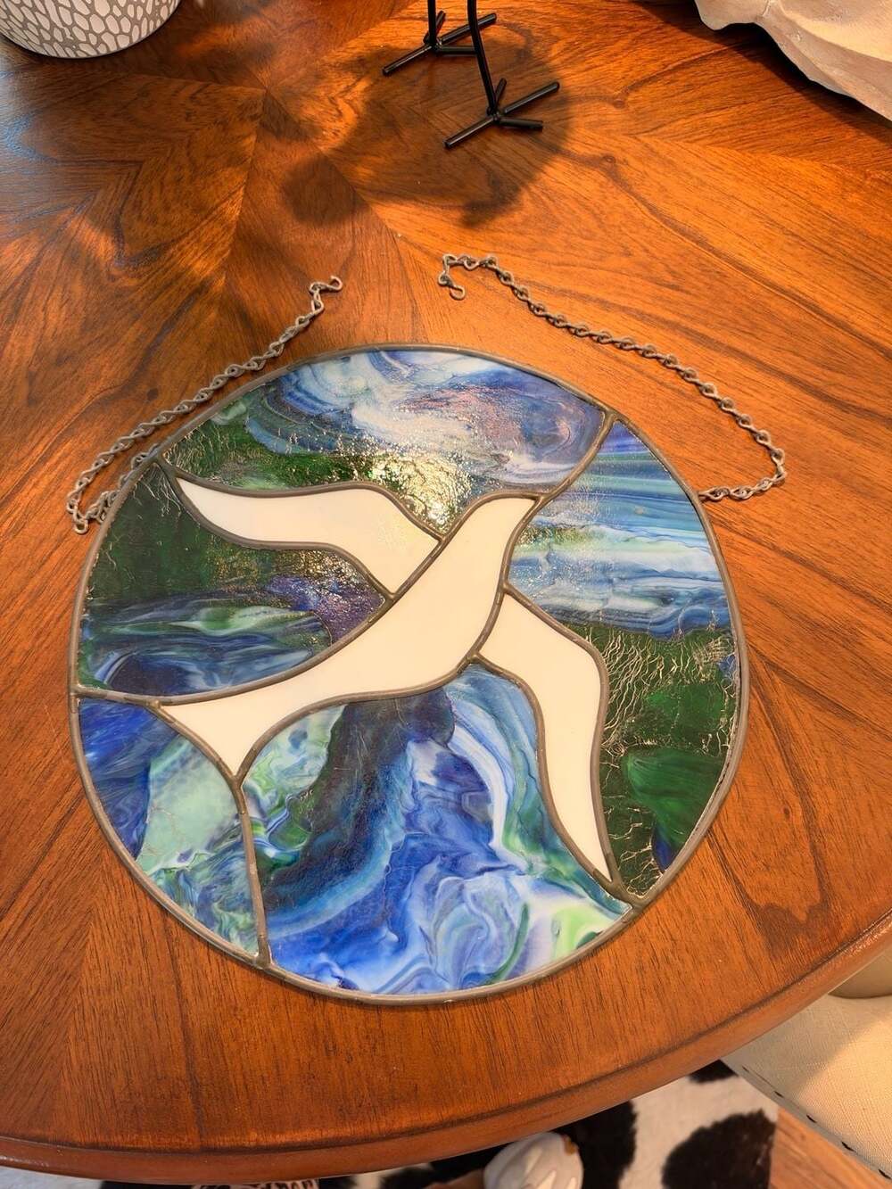 Stained Glass Seagull Suncatcher Size 12.5" Round Blue White Coastal Art